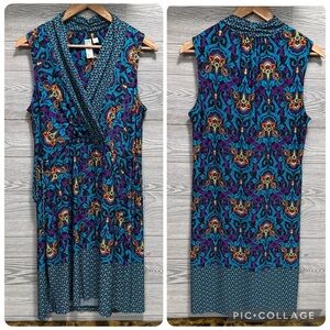 Emma Michele Psychedelic Paisley Faux Wrap Dress Size L Sleeveless Boho Eclectic
